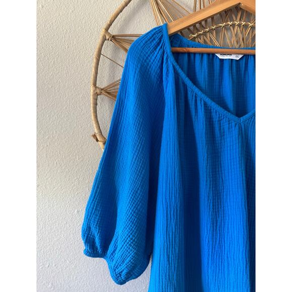 Sonoma Blue Gauze Muslin Flowy Dress/Tunic w/ Waist Belt Tie Pockets Sz LARGE - Picture 5 of 11